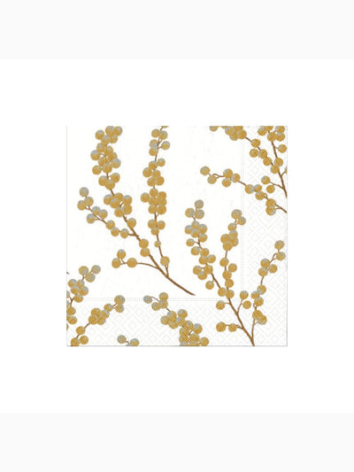 Berry Branches Cocktail Napkins, White/Gold, Caspari