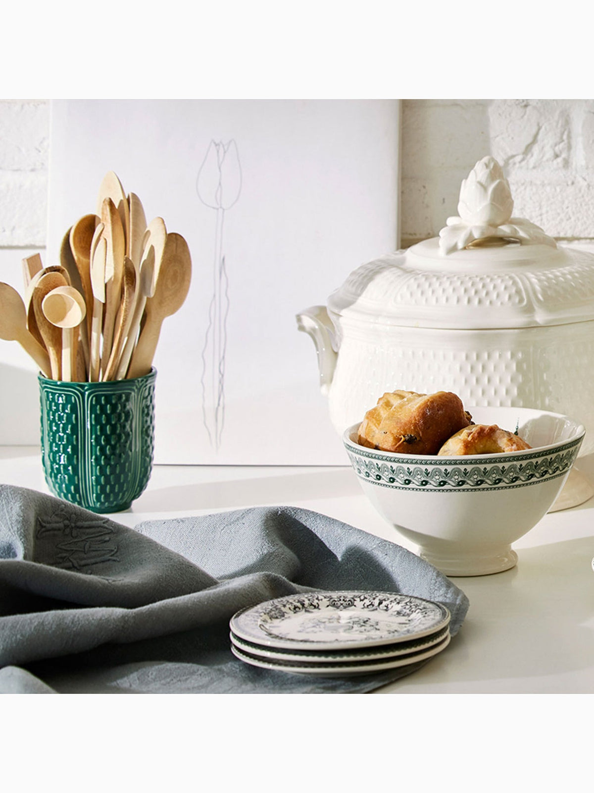 Les Dépareillées Large Cereal Bowls, Green (Set of 4), Gien (2)